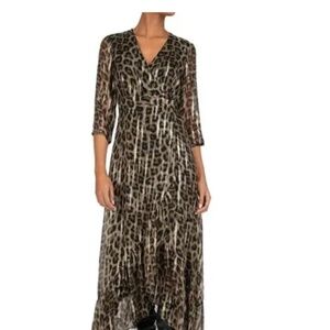 BA&SH long gooey dress in leopard with gold threading and sheen